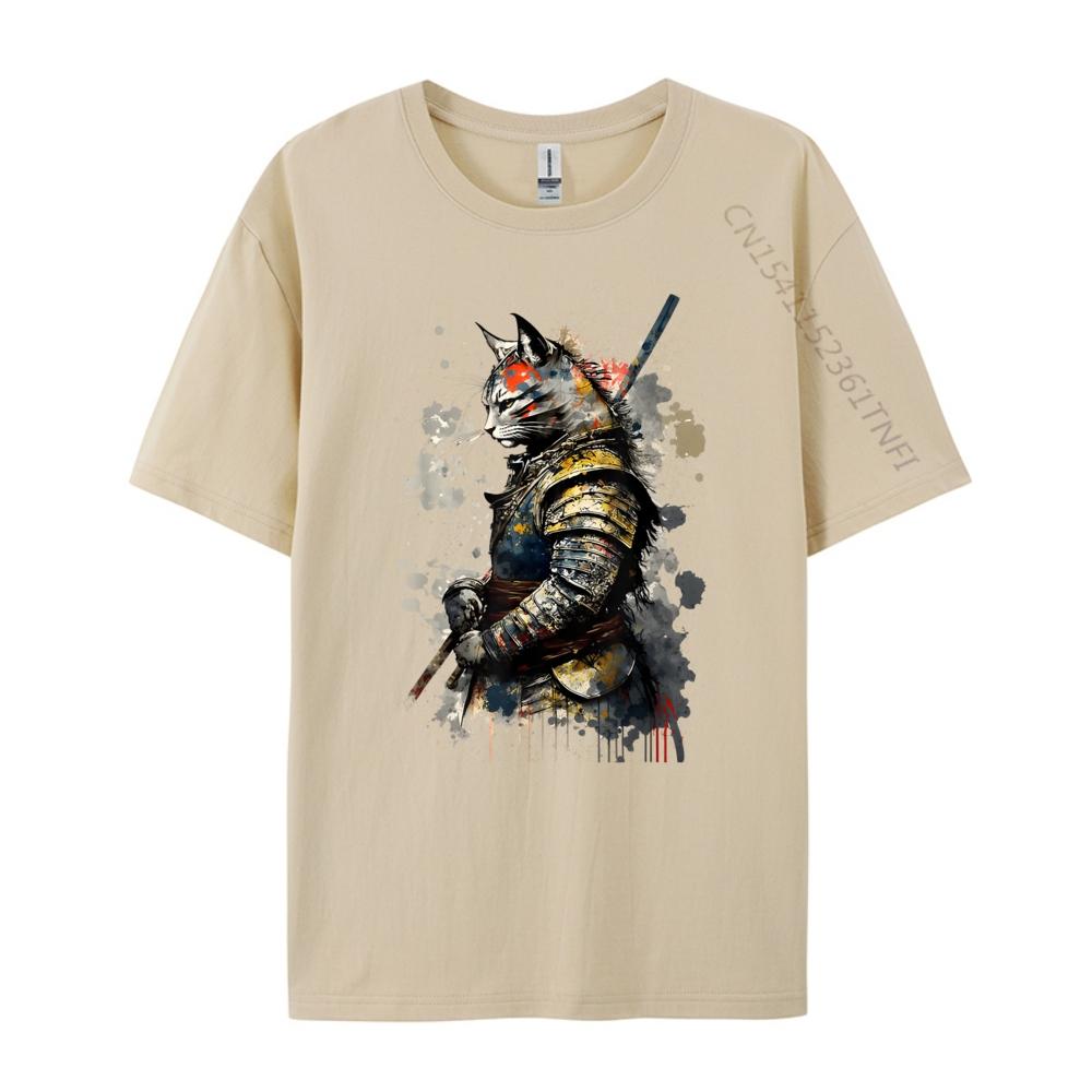 Cat Samurai Wearing Uniform Painting Portrait Cat Samurai Mens Shirts Graphic Tee Short Sleeve Tee Creative