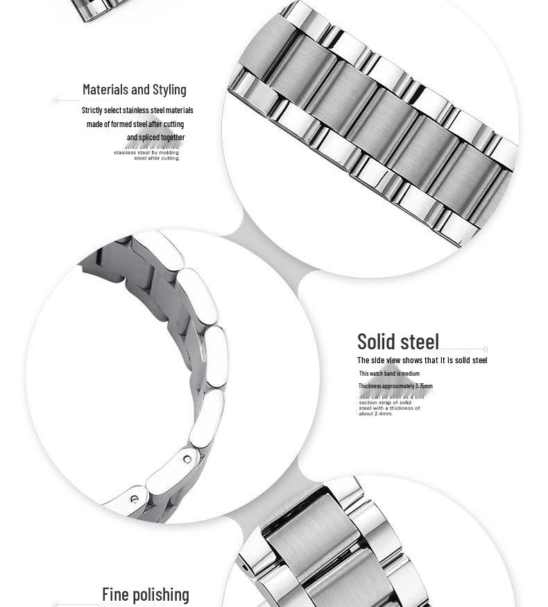 Solid Longjing Steel Watch Band – Three-Bead Men's Brushed Metal Strap