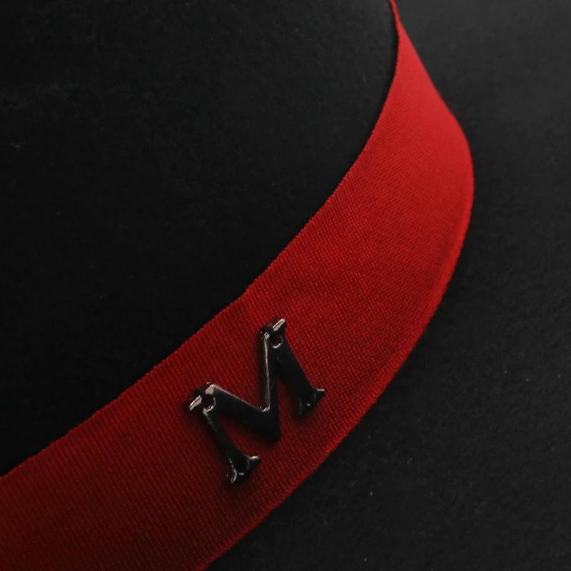 Fashion Outer Black Inner Red Wool Felt Jazz Fedora Hats With Thin Belt Buckle Men Women Wide Brim Panama Trilby Cap 56-58Cm