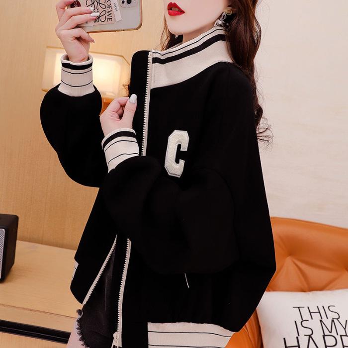 Women s Petite Color-Block Baseball Jacket – Spring/Autumn Korean Style, Loose Fit, Lightweight, Half-High Collar Cardigan S