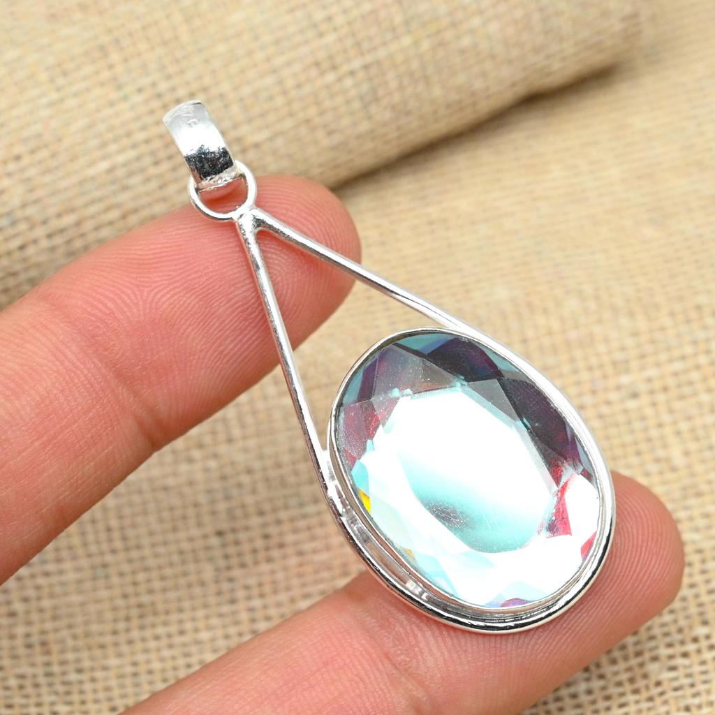 Rainbow Mystic Topaz Gemstone Solid 925 Sterling Silver Handmade Pendant Jewelry