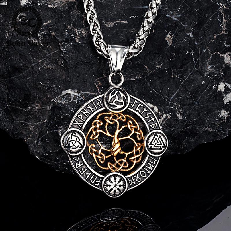 Never Fade Norse Rune Life Tree Necklace Men Gold Stainless Steel Pendant Valknut Trinity Male Lucky Amulet Viking Jewelry