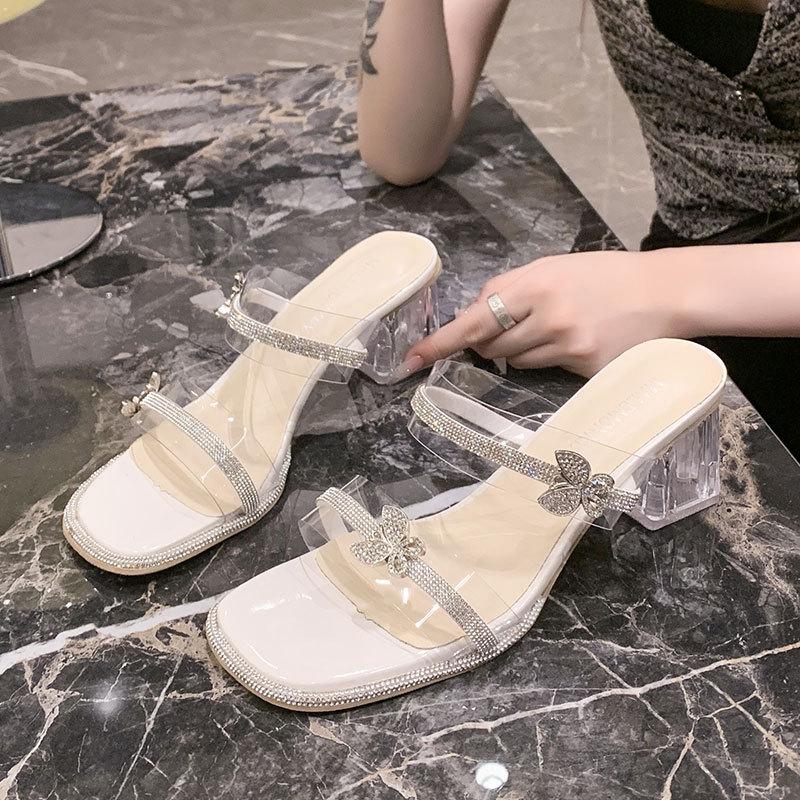 Fairy Wind High-heeled Slippers Female Summer Wear 2025 New Transparent Rhinestone One-word Drag Crystal Thick-heeled Cool Slippers