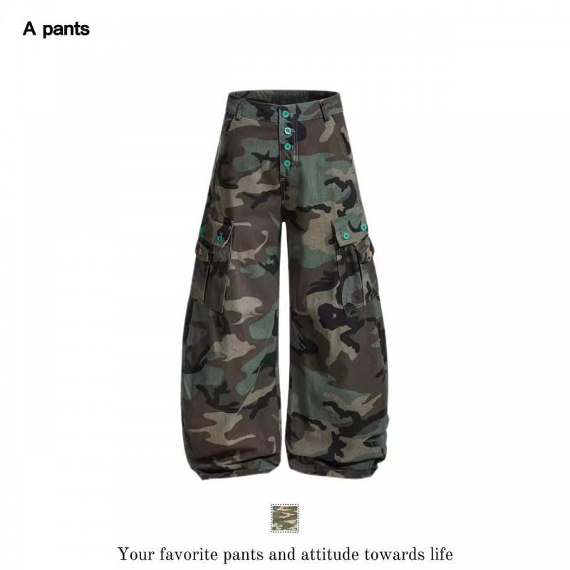 Retro Camo Cargo Kalhoty Pánské Dámské Vysoký Pas Volný Rovný Střih Streetwear Široké Kalhoty