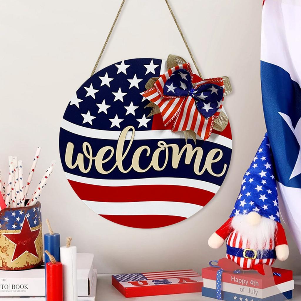 Independence Day Welcome Sign Wooden Plaque Decoration Memorial Day Wooden Patriotic Wreath Wall Hanging Outdoo