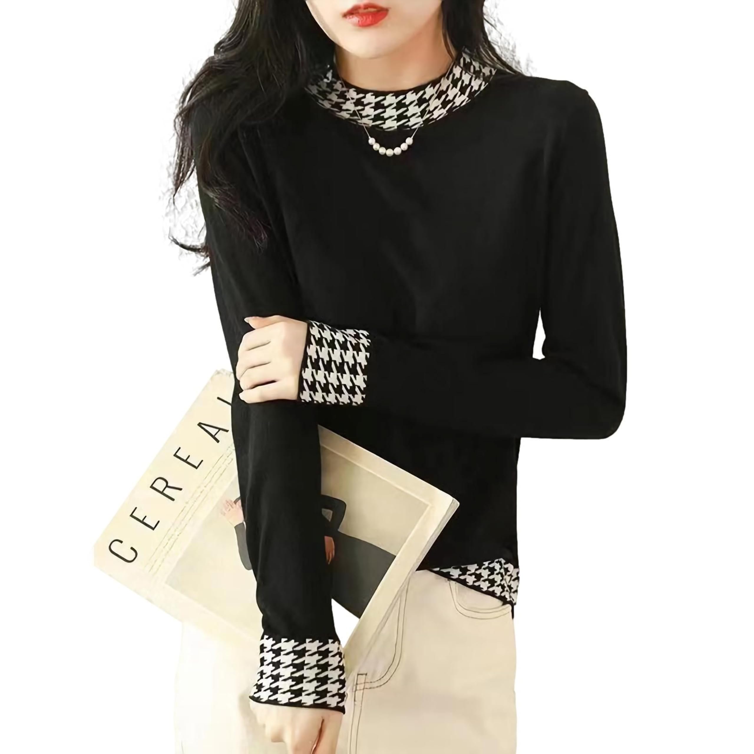 

J-Scott Knit Top, Houndstooth Pattern, Mock Neck, Slim Fit, Monochrome, 1/4 Sleeves, Simple Black, JS104-BK-M (Limited Stock)