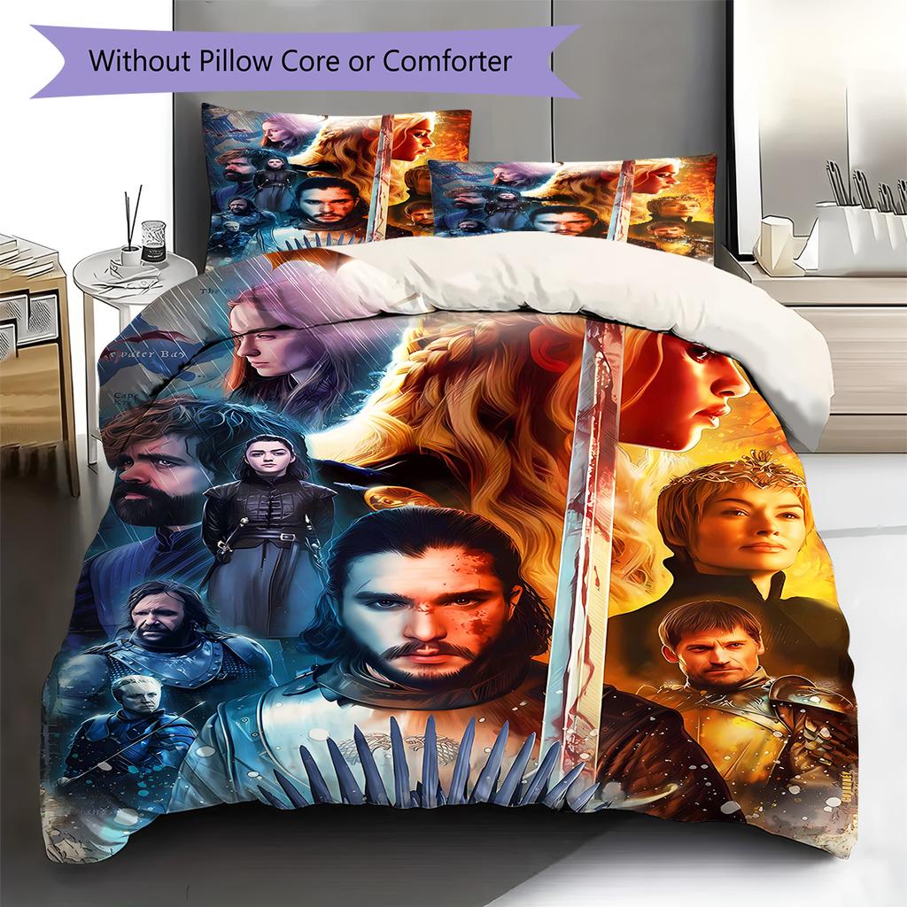 Thrones Game Pattern Bedding Quilt Set Quilt Cover Pillowcase Home Decoration Gift (1 * Duvet Cover + 2 * Pillowcase, Without Core)