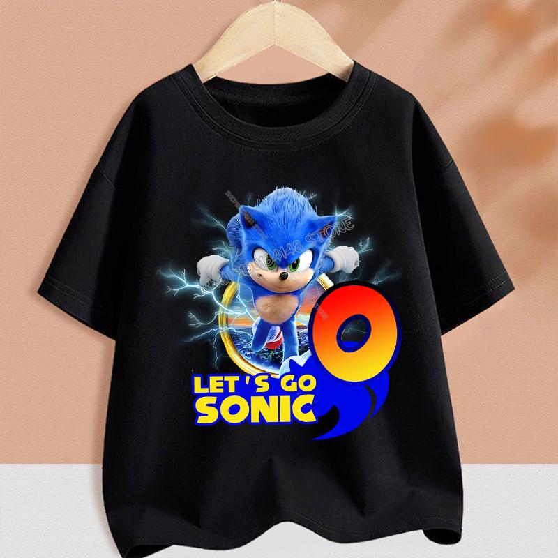 Sonics T-shirt for Children Cartoon A-Z Letter Tee Top Round Collar Clothing Summer Short Sleeve Kids Anime Partern Clothes Gift