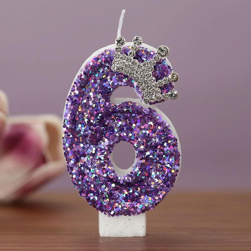 Y Children's Number 7 Birthday Candles Girl's Digital Cake Candles Glitter Princess Crown Decoration Anniversary Party Supplies