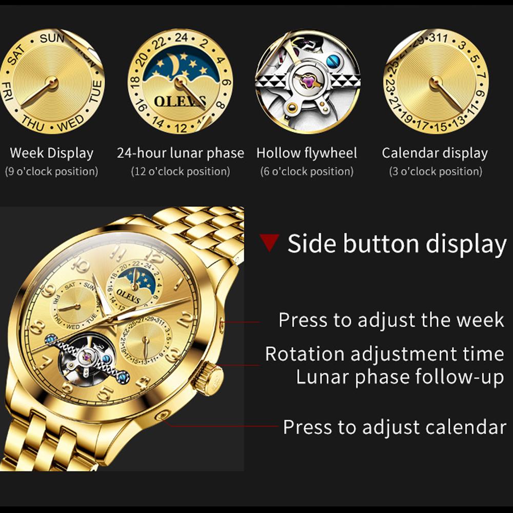 OLEVS ALL Gold Steel High Quality Tourbillon Men's Watches Luminous Moon Phase Automatic Mechanical Wrist Watch Men