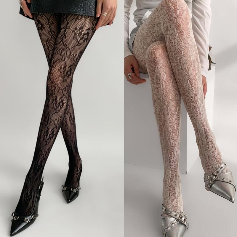 Women French Style Sexy Hollowed Sheer Fishnet Pantyhose Vintage Flower Jacquard Patterned Leggings JK Girl Lace Tights