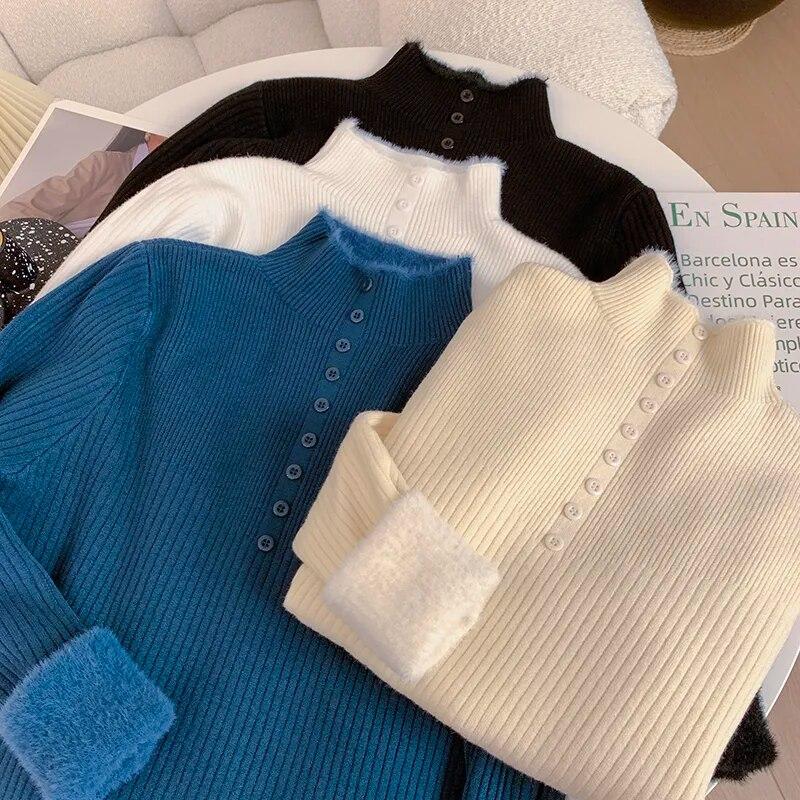 Autumn Winter Casual Thickened Cashmere Sweater Women Office-lady Warm Knitted Long Sleeve Pullovers Fashion Warm Tops 29470
