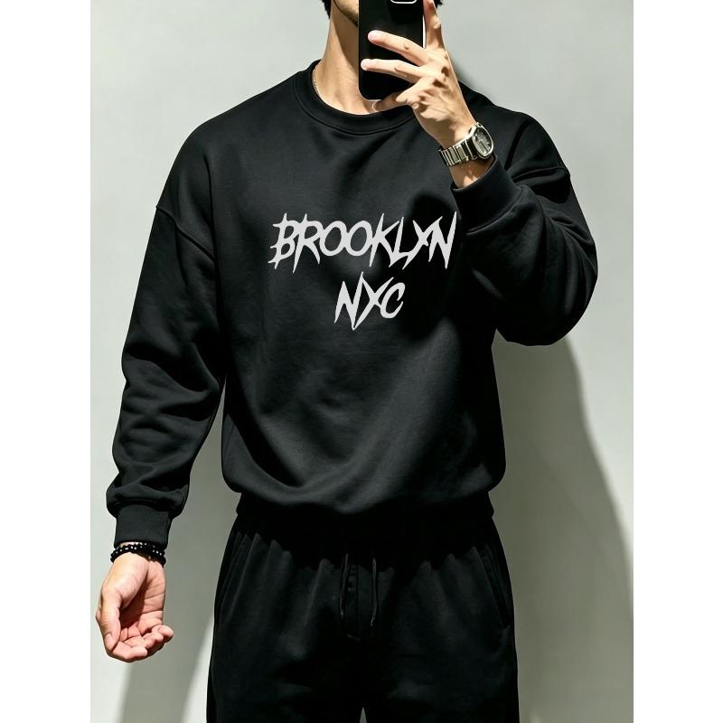 American Street Style Brooklyn NYC Punk Font Round Neck Sweatshirt, Men'S Loose Long Sleeve, Suitable for Hip-Hop, Street Outfits