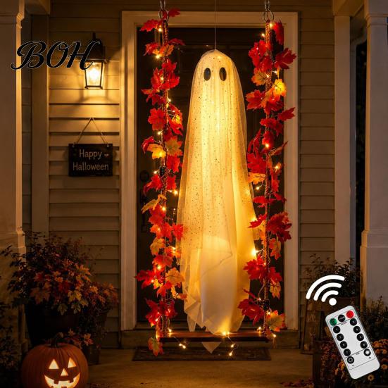 Fantasma di Tessuto Realistico Luminoso Appeso Oscillante Decorazione di Halloween con Telecomando, Grande Bianco Spettrale Ornamento Decorazione Giardino Esterno Foglie d'Acero