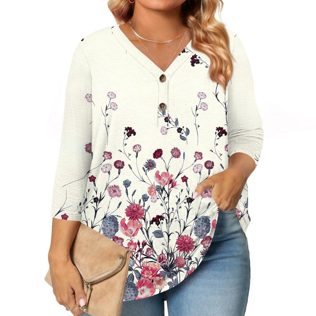 Womens 3/4 Length Sleeve Tops Plus Size Button Down V Neck Shirts Blouses Casual Printing Loose
