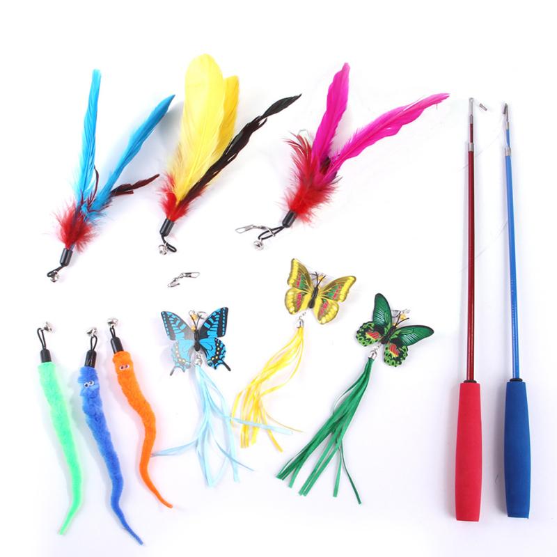 11pcs/set Feather Cat Toys Colorful Feather Cat Teaser Exerciser Cat Wand Interactive Tools