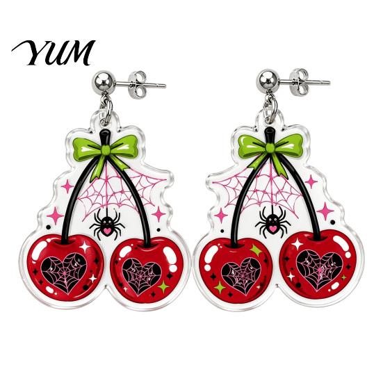 Creative Spider Jewelry 1 Pair Acrylic Cherry Earrings for Women, 2D Fruit Dangle Drop Trendy Aesthetic Accessories with Web And Bow, Punk Halloween
