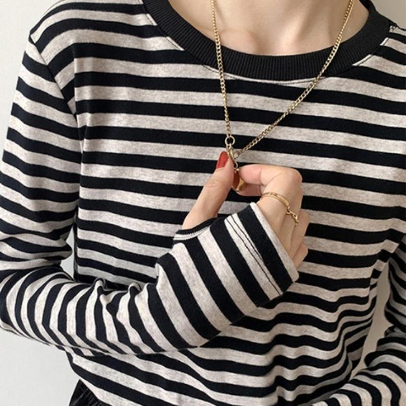 O-neck Long Sleeve Female Cotton Tees Spring Summer Ladies Striped T-shirs Casual Loose Women Pullovers Tops