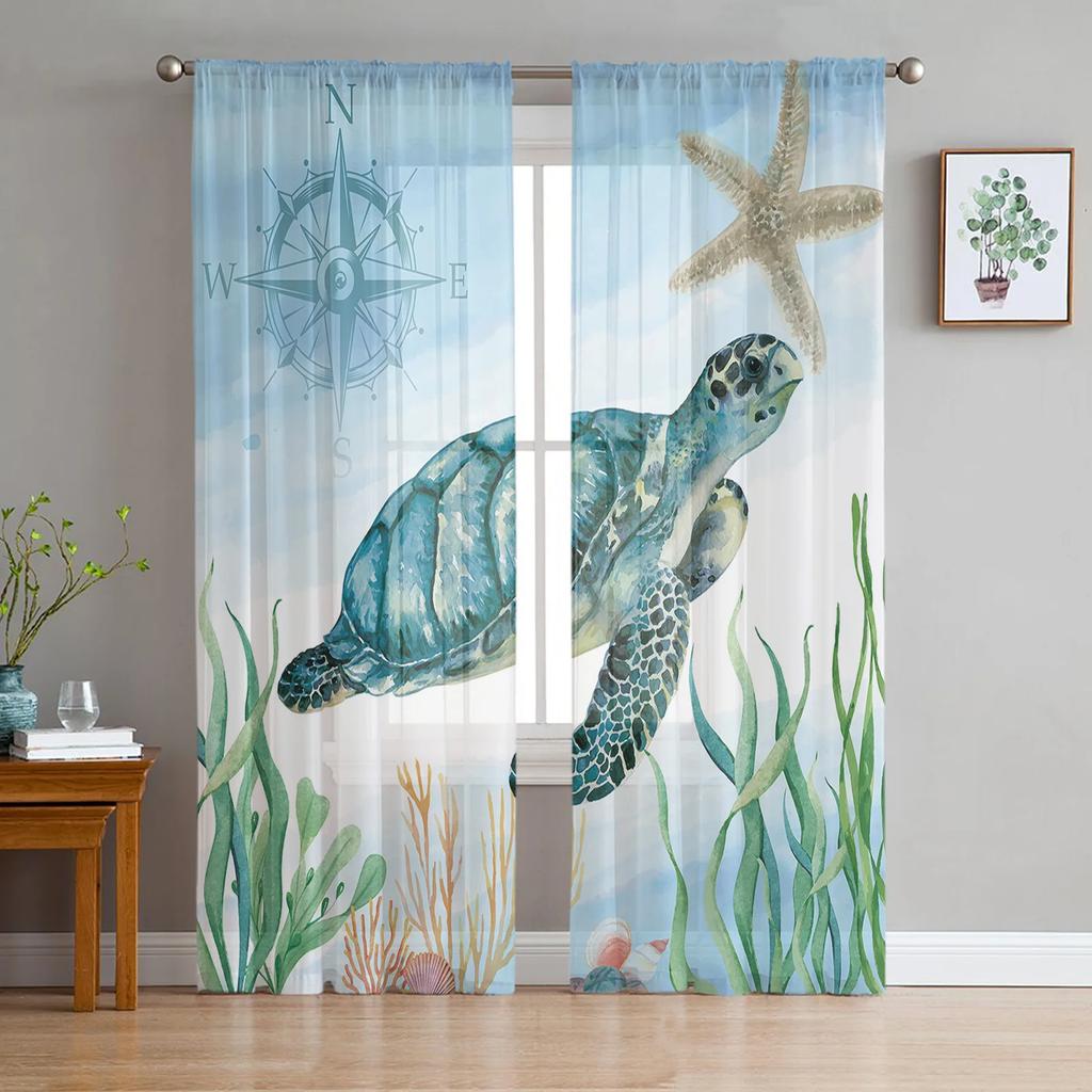 Sea Turtle Ocean Creature Landscape Voile Curtains Living Room Bedroom Transparent Tulle Window Drapes Curtain With Sheer Polyester Perfect For Area