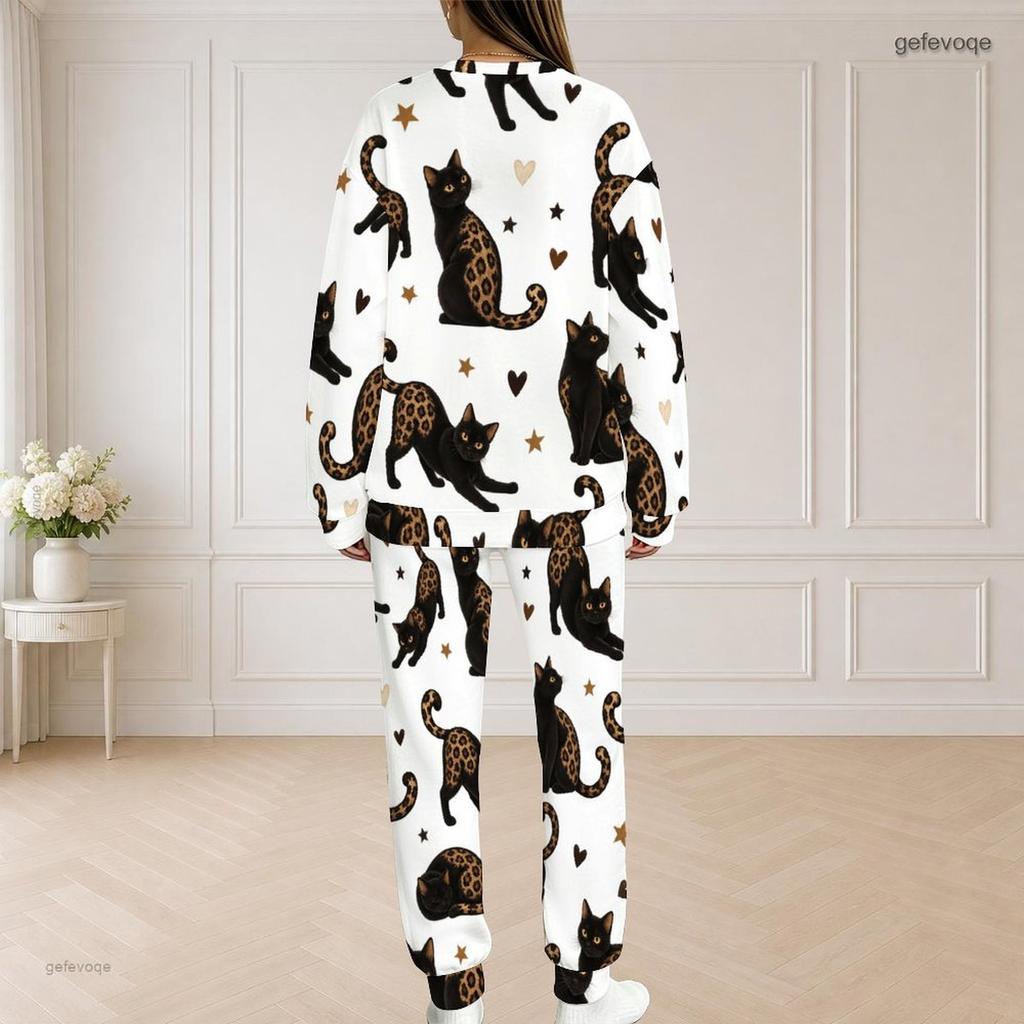 Women Plus Size White Printed Round Neck Long Sleeve Top And Long Pants Two Piece Set