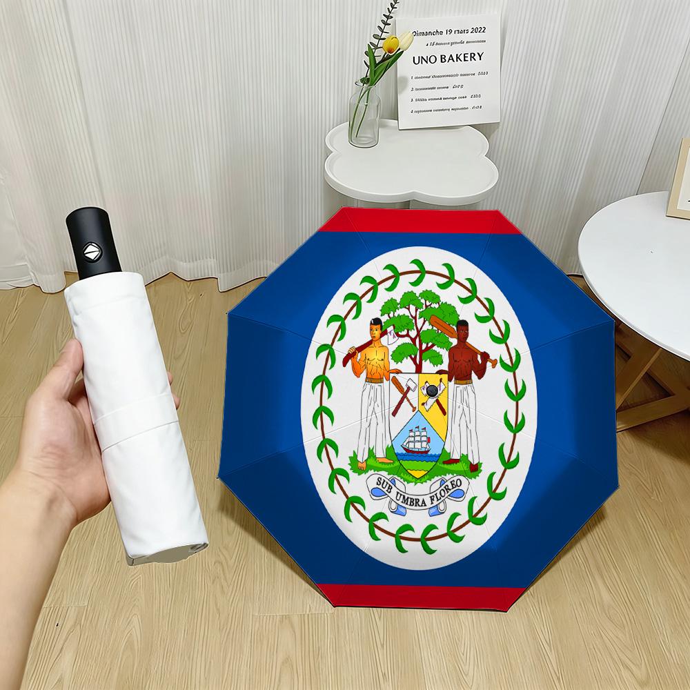 

Belize Flag Coat of Arms Print Auto Folding Umbrella Waterproof Windproof Compact Travel Umbrella