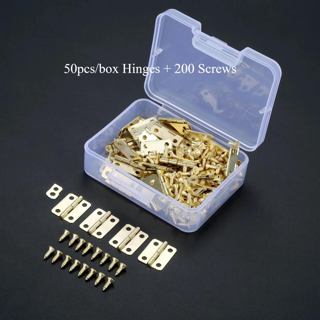 50pcs/box Hinges + 200 Screws Iron Golden/Antique Bronze 4 Holes Durable Furniture Hardware 16*13mm Mini Rounded Hinge Decor