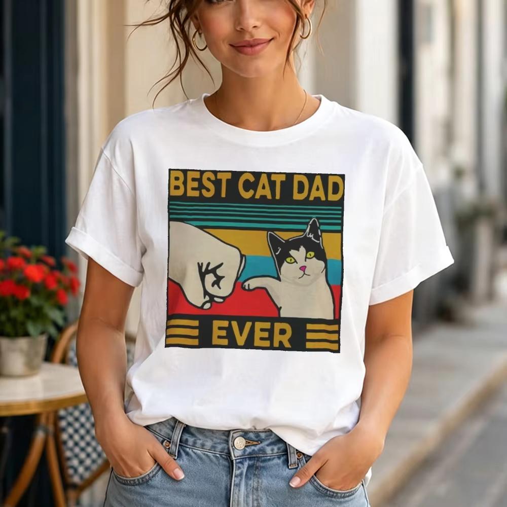 Best Cat Dad Ever Fist Bump Retro Stripe Design Unisex Cotton T Shirt Holiday Leisure Vibe Summer Clothing Gift Cat Lovers