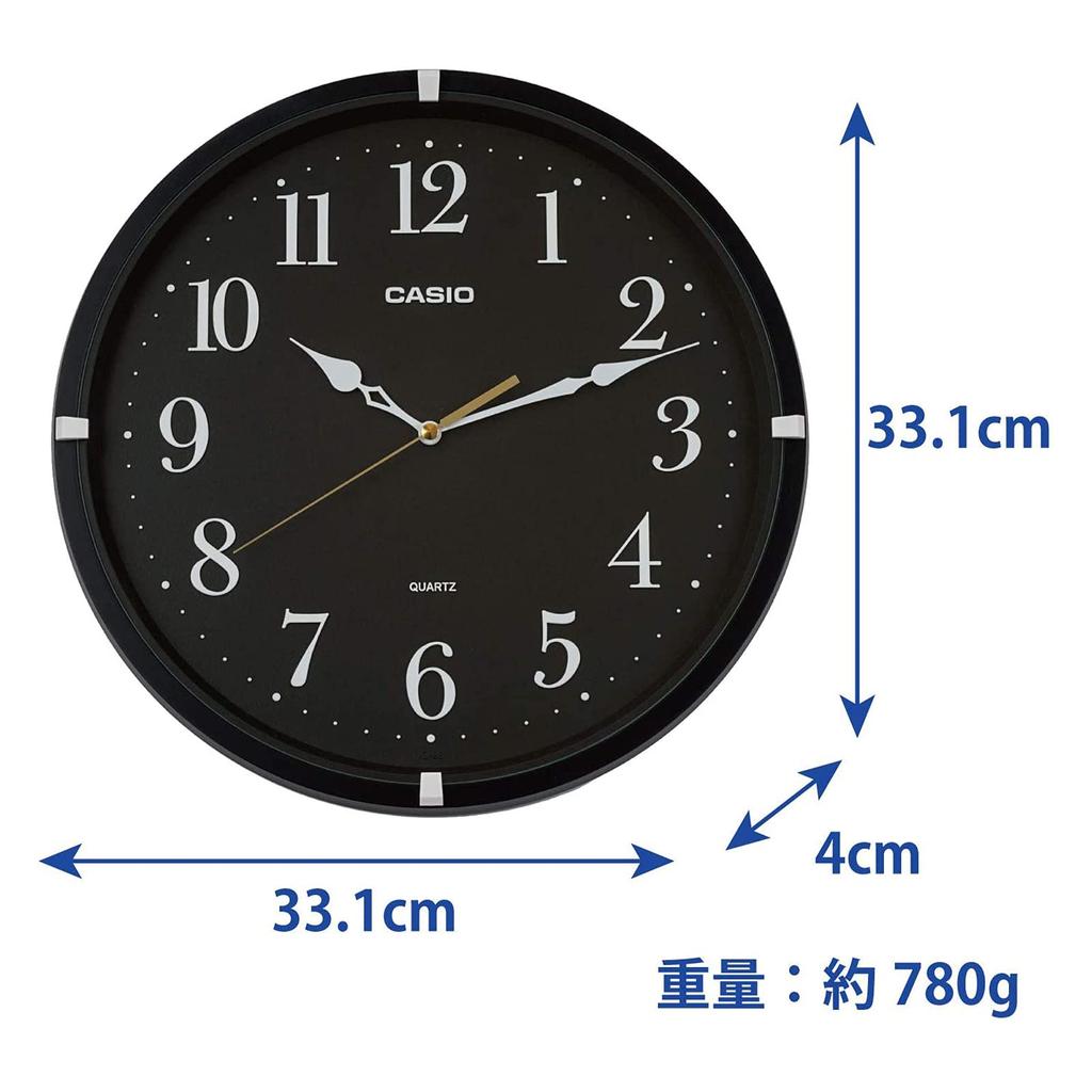 Casio Wall Continuous Second Clock, Black, 33.1cm Diameter, Analog, Hand, IQ-88-1JF