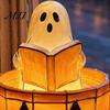 Retro Halloween Light Ghost Reading Book Lamp, Stained Glass Style Night Light, Resin Spooky Warm Orange Pumpkin Bedside Lamp for Bedroom, Living