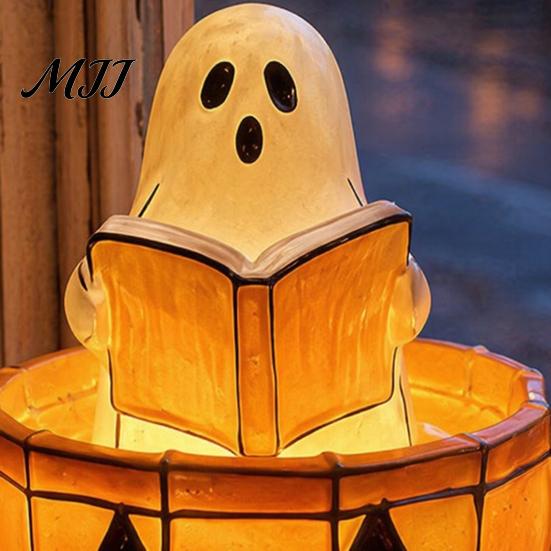 Retro Halloween Light Ghost Reading Book Lamp, Stained Glass Style Night Light, Resin Spooky Warm Orange Pumpkin Bedside Lamp for Bedroom, Living