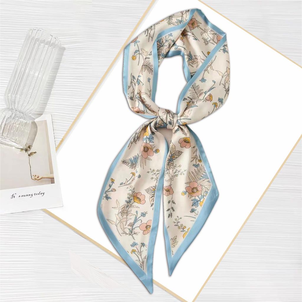 Blue Floral Print Silk Scarf, 96, Floral Neck Scarf for Everyday Wear