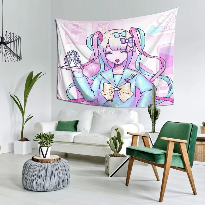Pixel Super Girl Anime Tapestry, Pink Purple Macaron Ins Aesthetic Wall Hanging For Bedroom Dorm Home Decor Gift