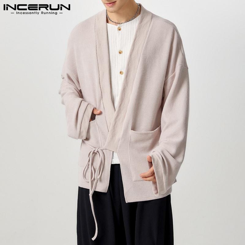 INCERUN Oversized Men Drop Shoulder Long Sleeve Bandage Ribbed Cardigan Baggy Kimono Tops