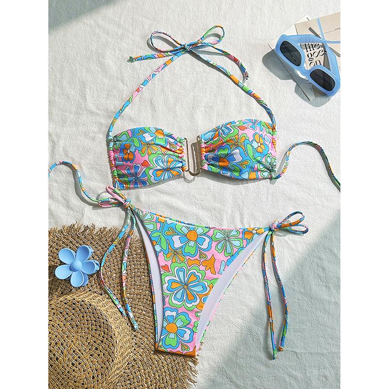 

Сексуальный купальник бикини на завязках халтер, мини-микро стринги, сексуальный купальник для женщин, синий с цветочным принтом, U-образный, купальник, купальный костюм, наборы бикини L синий