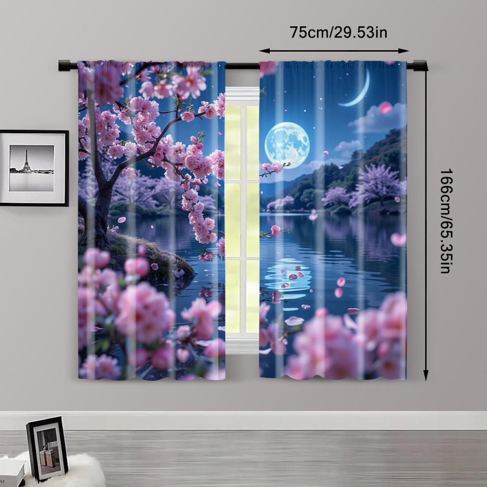 2pc, Curtains Cherry trees in the moonlight Blackout Polyester Festive Holiday for Multipurpose Various Event Decoration