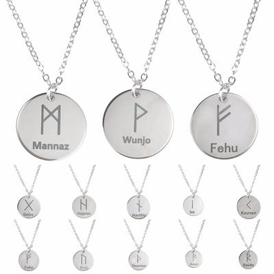 Round 25 Rune Letter Pendant Necklace Silver Color Stainless Steel Disc Viking Necklaces For Women Men