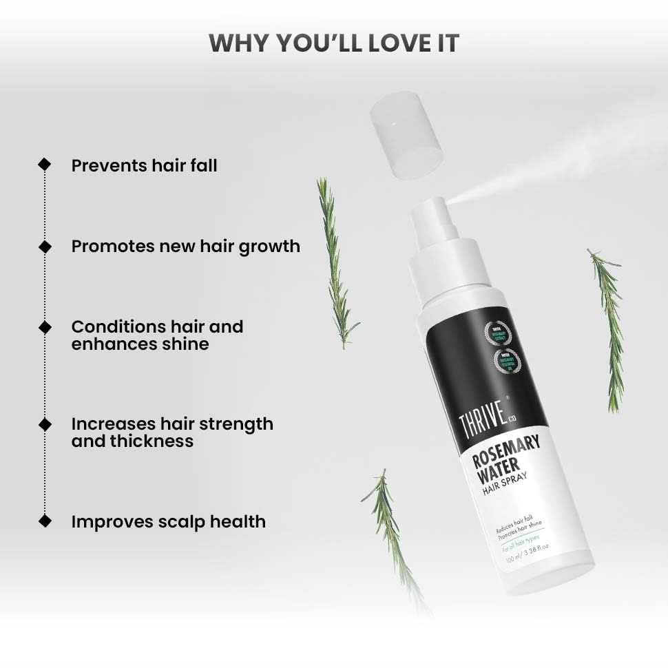ThriveCo Rosemary Water Hair Spray | With 100% Natural Rosemary Extract, Rice Water & Hyaluronic Acid | For Hair Growth & Hair Fall Control | Adds