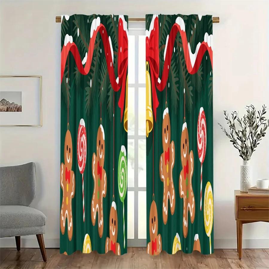 2pcs Cute Gingerbread  Curtains   Xmas Holiday Window Decor   Polyester Rod Pocket Curtain for Home Decor