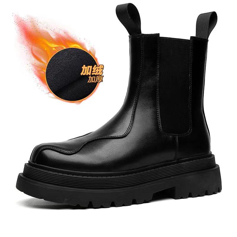 

Классические черные ботинки «Челси» в английском стиле с толстой подошвой, мужские зимние ботинки из кожи и плюша, осенние модные ботинки на платформе 44
