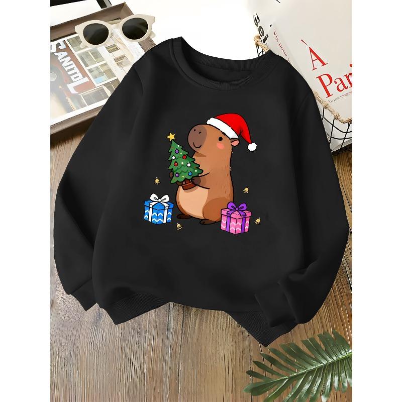 Kids Unisex Crewneck Sweatshirt, Cute Christmas Capybara Santa Hat Xmas Tree Gift Bell Print Soft Long Sleeve Pullover For Boys Girls Over 4 Years Old