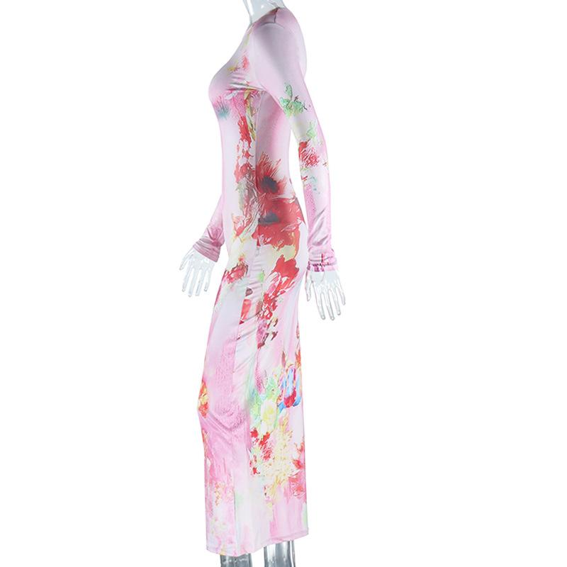 European and American Style Fashionable Printed Round Neck Pullover Long Sleeved Dress with Buttocks Wrapped Long Skirt, Street Style Casual Dress