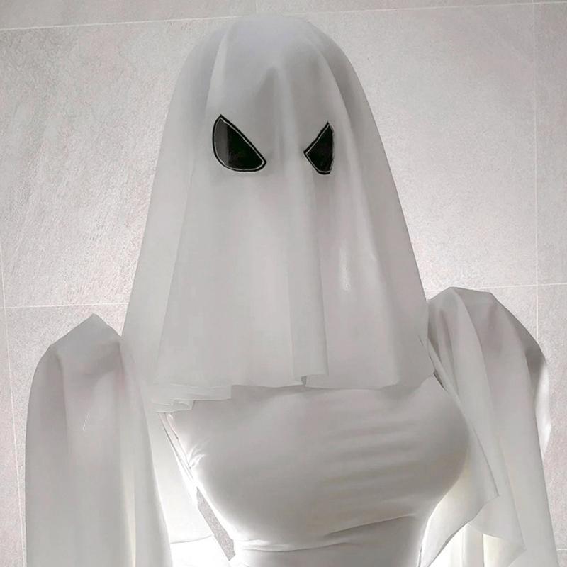 White Phantom Hooded Scarf For Horror Cosplay Stretchy Polyester Fabric Head Cover Ideal For Haunted House Event