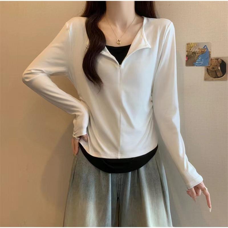 Fake Two-piece Zipper Long-sleeved T-shirt for Women Slim Fit Outer Wear New Bottoming Shirt Korean Style Top Autumn
