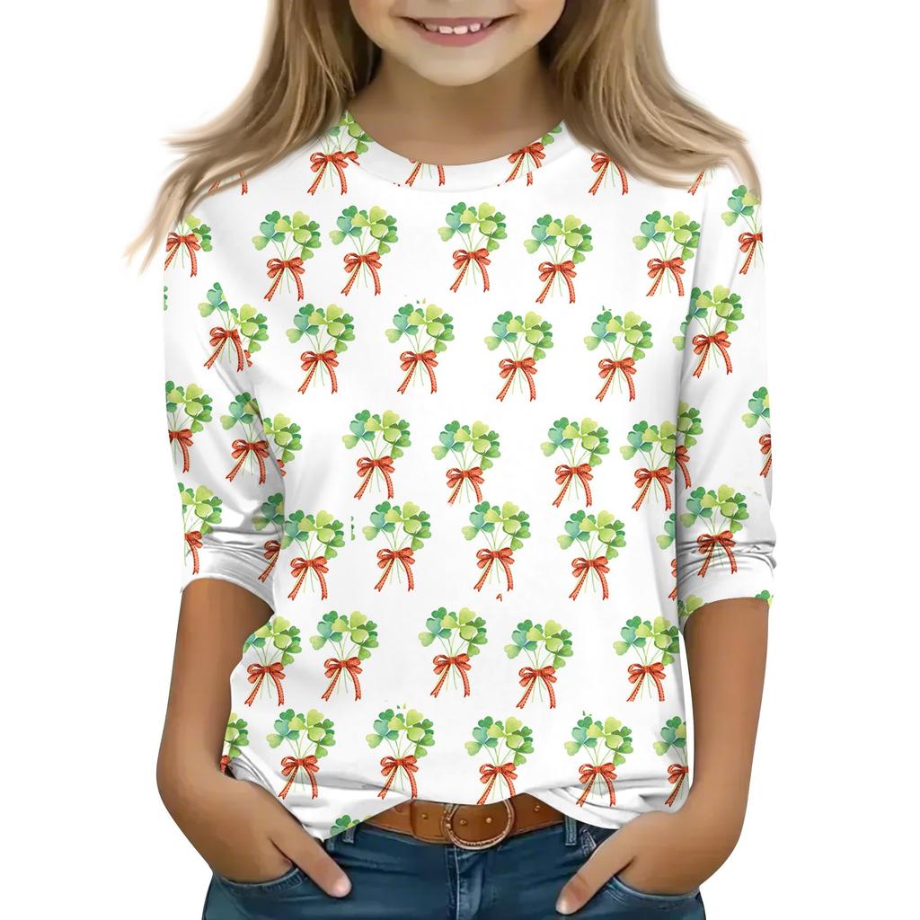 Bedruckte Oberteile für junge Mädchen von 5–16 Jahren, Rundhalsausschnitt, 3/4-Ärmel, T-Shirts, trendige Oberteile, Outfit-T-Shirts