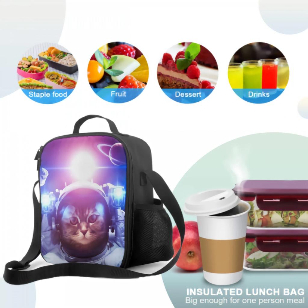 Cat Astronaut Insulated Lunch Box for Girls Boys Leakproof Portable Lunch Bag with Adjustable Shoulder Strap Reusable Cooler Bag