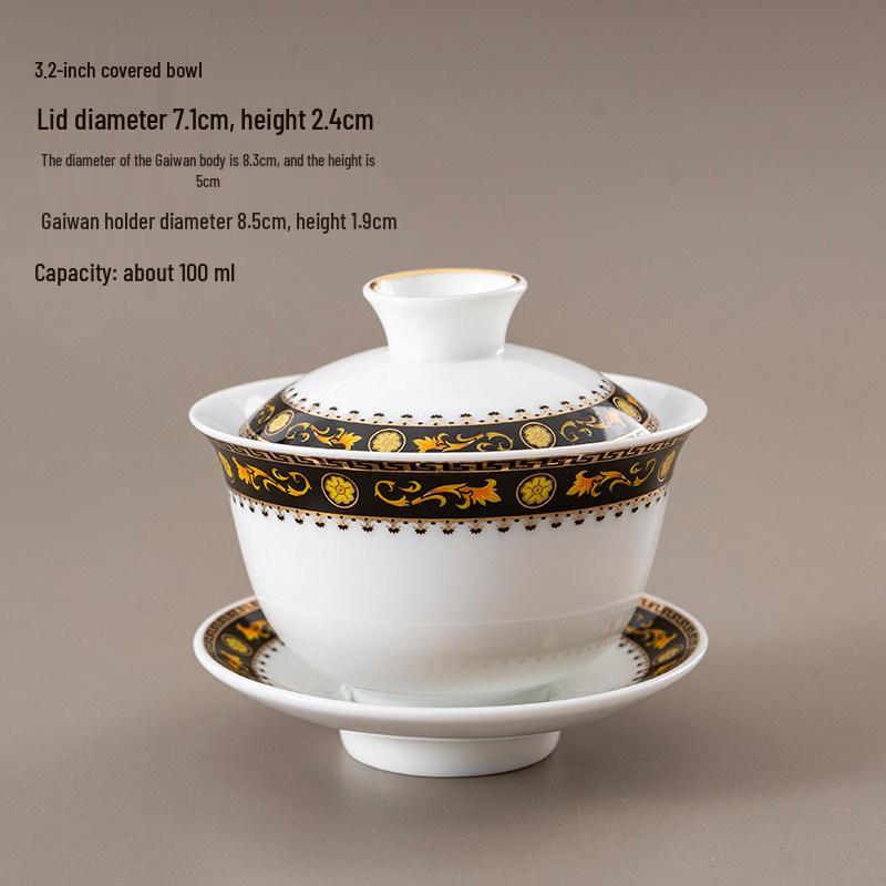 Chinese Style Ceramic Tea Set: White Porcelain Cup with Blue and White Ruyi Covered Bowl for Living Room