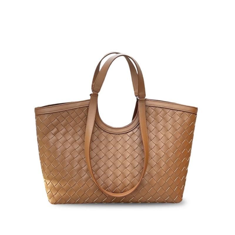 Vintage Leather Woven Tote Bag Women Large Capacity Shoulder With Magnetic Soft Genuine Cowhide