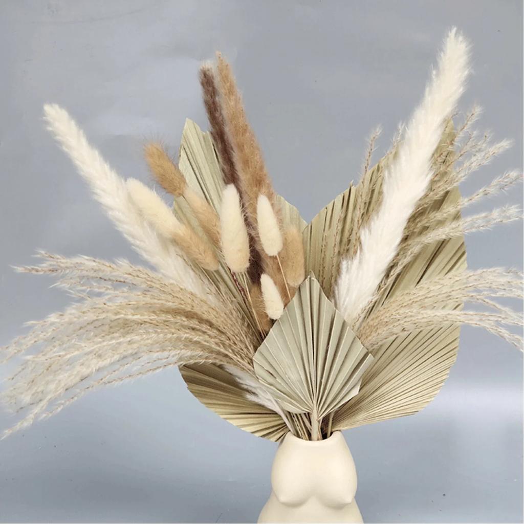 19pcs Simulation Palm Leaf Reed Rabbit Tail Grass Pampas Grass Flower Bundle Bohemian Wedding Home Decor Flowers Bouquet