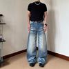 American Retro Washed Cat Whisker Scimitar Jeans Men's High Street Loose Wide Leg Cleanfit Micro Pull Pants Summer