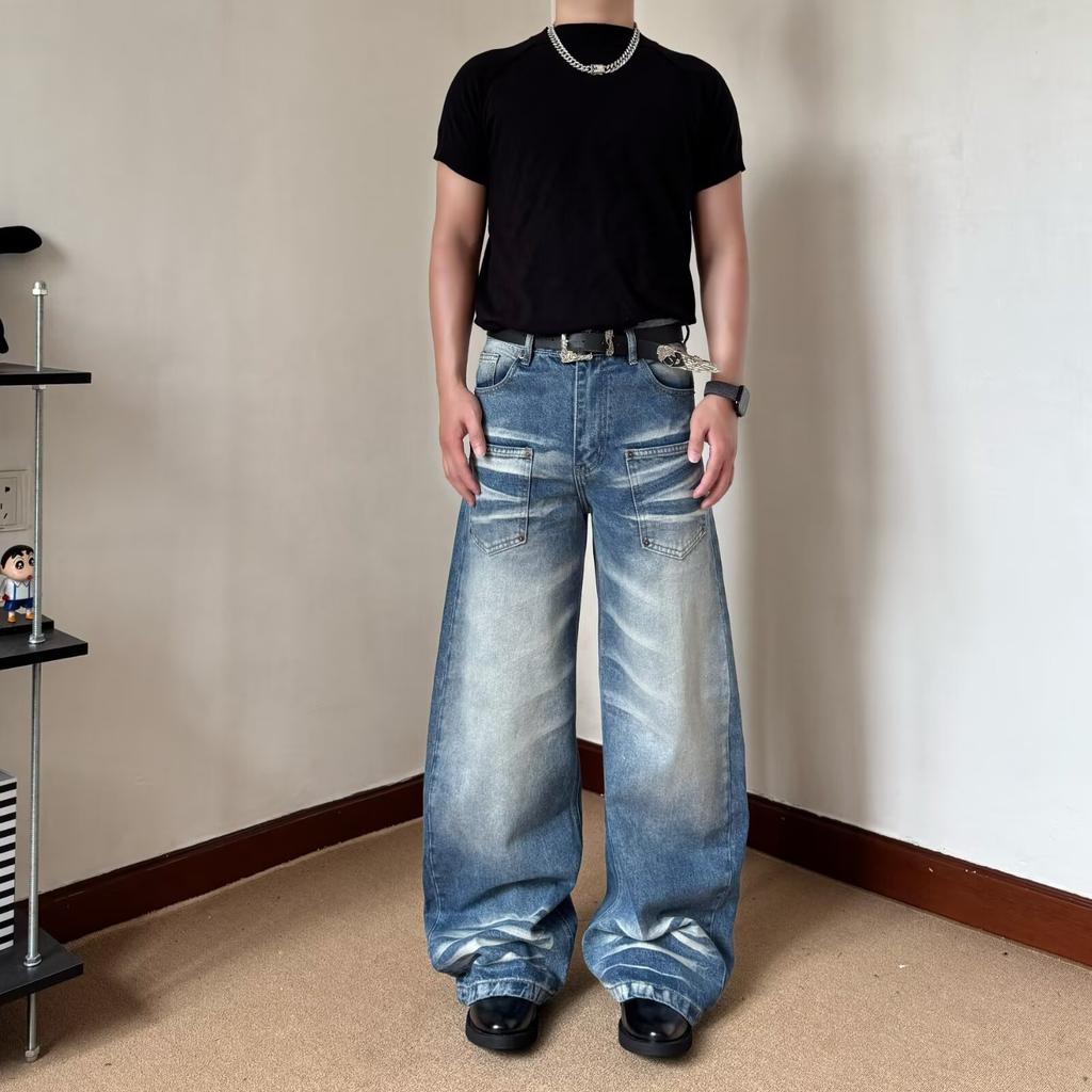 American Retro Washed Cat Whisker Scimitar Jeans Men's High Street Loose Wide Leg Cleanfit Micro Pull Pants Summer